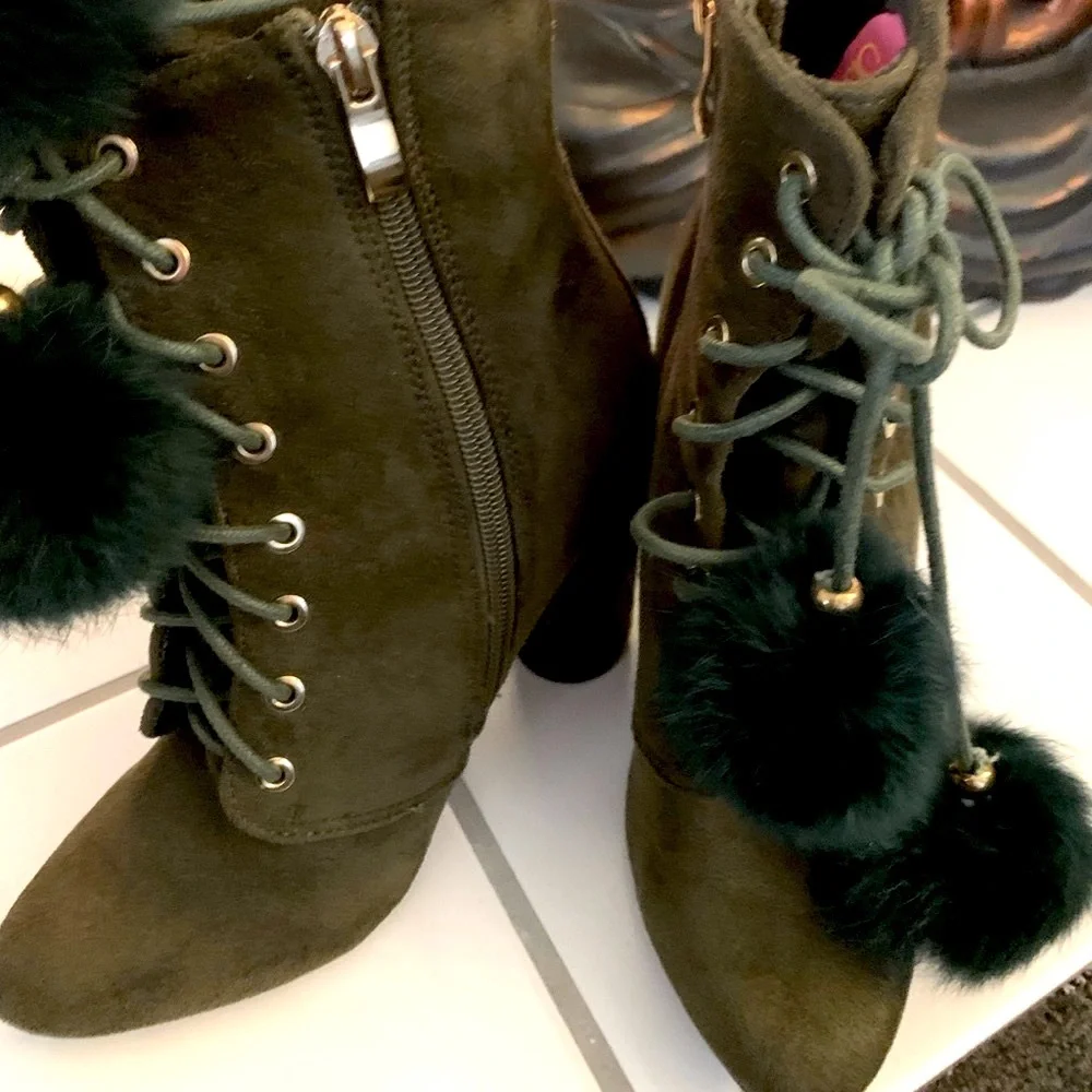 Catherine Malandrino Olive Green Fur Pom Pom Ankle Bootie